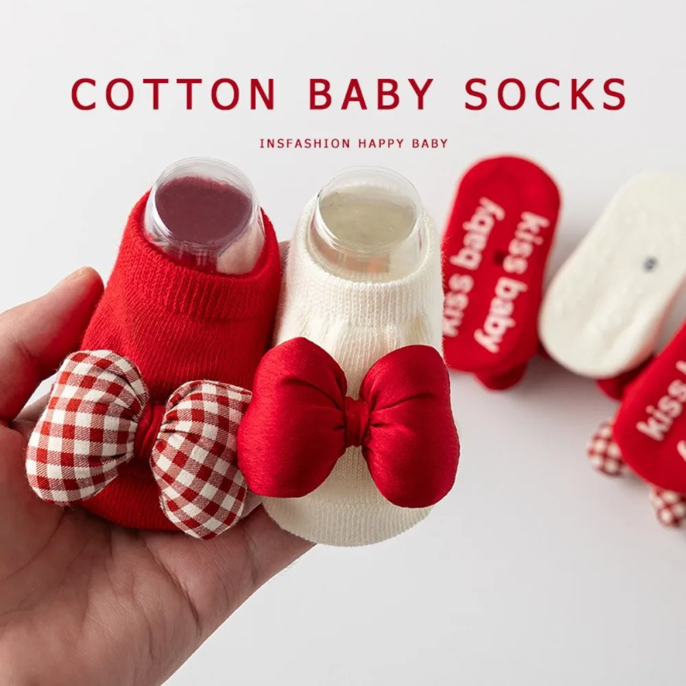 High Quality Cotton Newborn Kids Socks 0-3years New Year Baby Girls Boys Warm slippers Red Bow Children Sock Autumn Winter