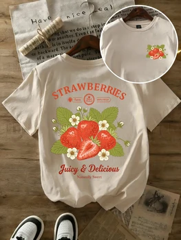 Strawberries Juicy Delicious Prints Cotton T-Shirts Womens Summer Oversized Tops O-Neck Soft Short Sleeve T Shirts Basic Clothes
