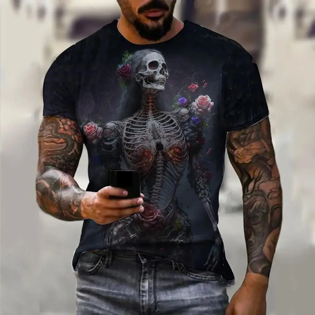 

Vintage T Shirts For Men Horror Skull Pattern 3D Printed Short Sleeve Tee Tops Fashion Oversized T-shirt Casual Men's Clothing