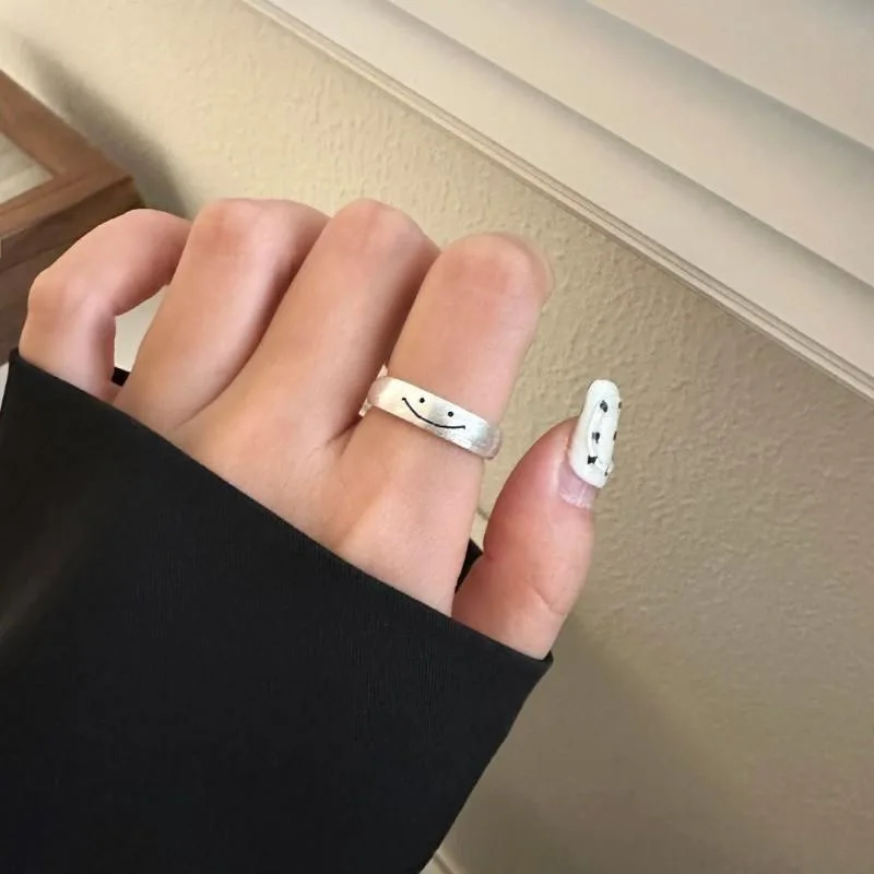 Silver Ring 925 Sterling Smiling face Adjustable Open Ring For Women Jewelry For Party Birthday Gift