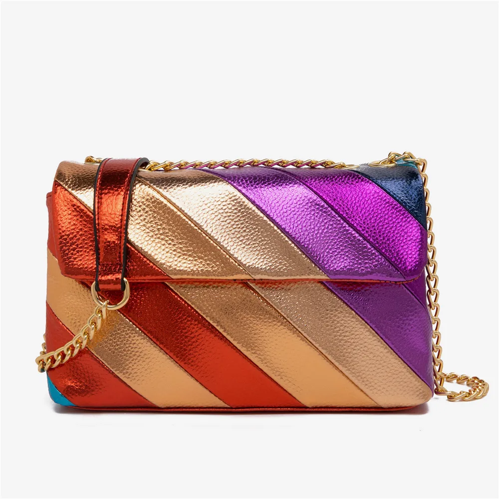 

Design women's Metallic Chain Color Splicing Shoulder Bags Ladies Colorful Stitching Capacity Messenger Bag Square PU Handbags