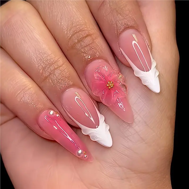 24PCS Pink Almond Press-On Nails with 3D Floral Design and Golden Pearl Accent