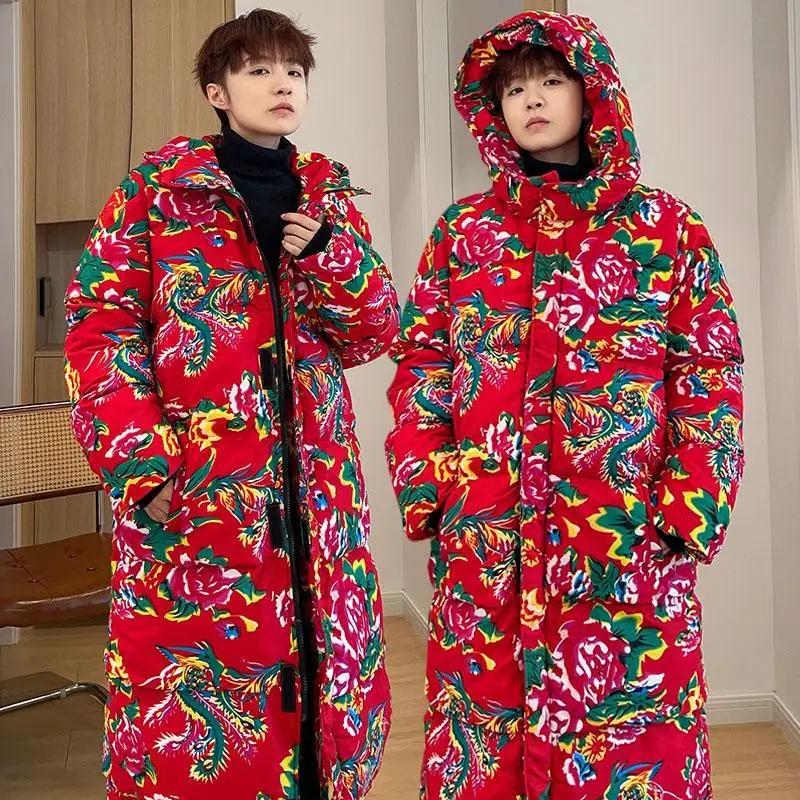 

Large flower cotton jacket for men and women, Chinese style hanfu, loose-fitting and cold resistant hooded jacket, trendy