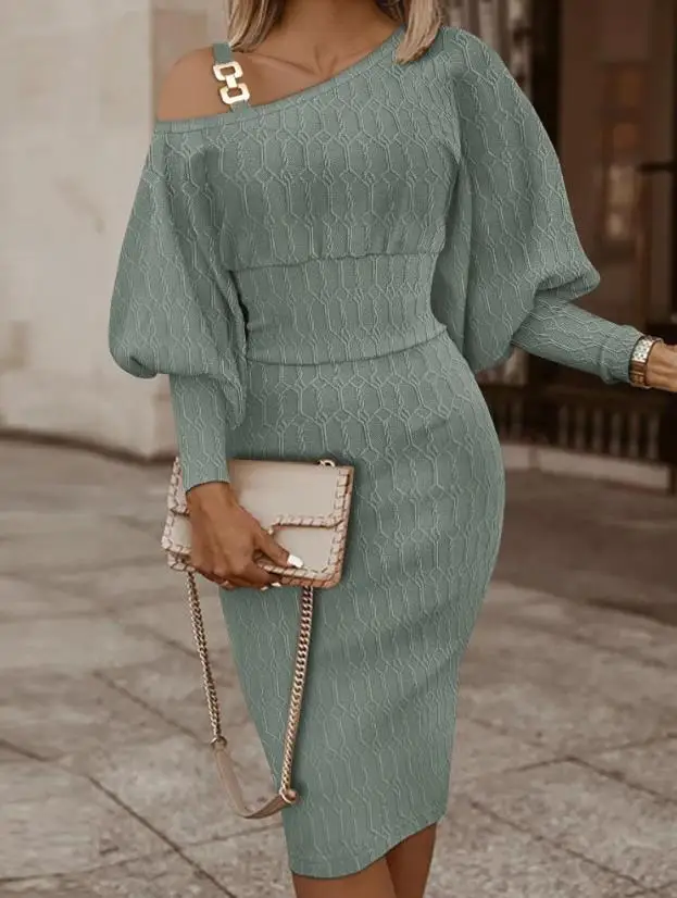 

Sexy Cold Shoulder Gigot Sleeve Cable Textured Dress 2023 Autumn Winter Spring New Fashion Casual Elegant Dresses for Women