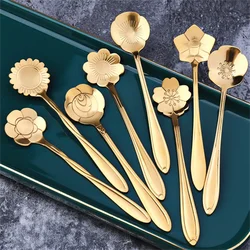 Elegant Gold Rose Flower Stainless Steel Dessert Spoon Set - 8-Piece Tableware Collection (Gold 8pcs)