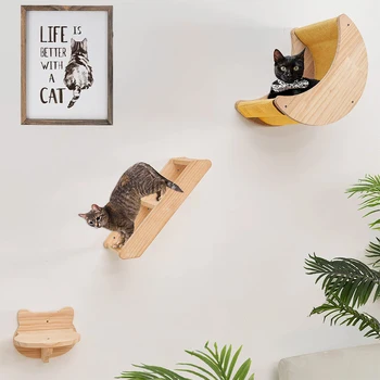 Cat Shelf Wall Hammock Climbing Shelves Moon Shaped And Perches Ladder Solid Wood Steps For Activity Indoor Cats Wall Furniture