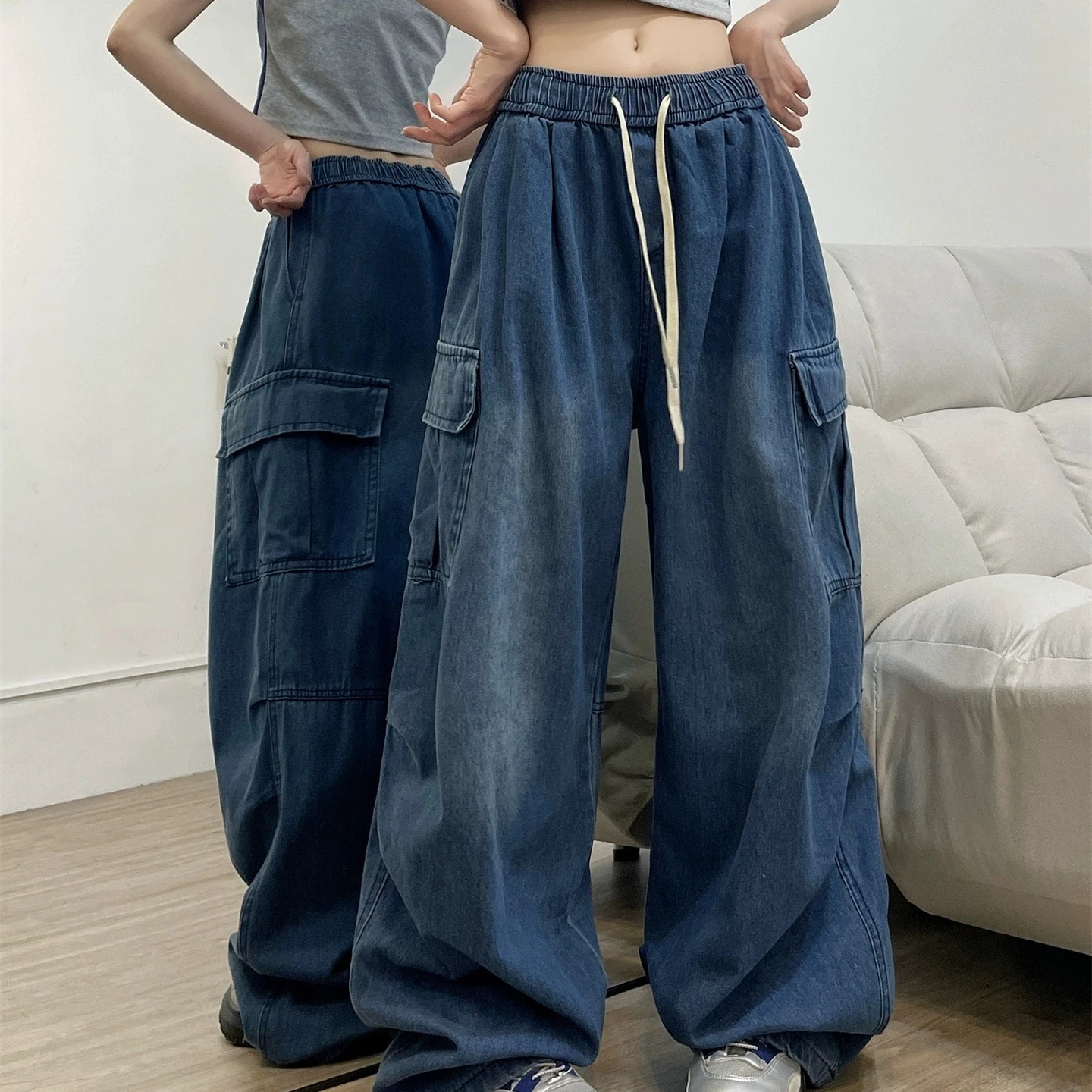 

Осенние джинсовые брюки для девочек, новинка 2023, модные синие джинсы с мешками на весну и осень, удобные большие детские брюки