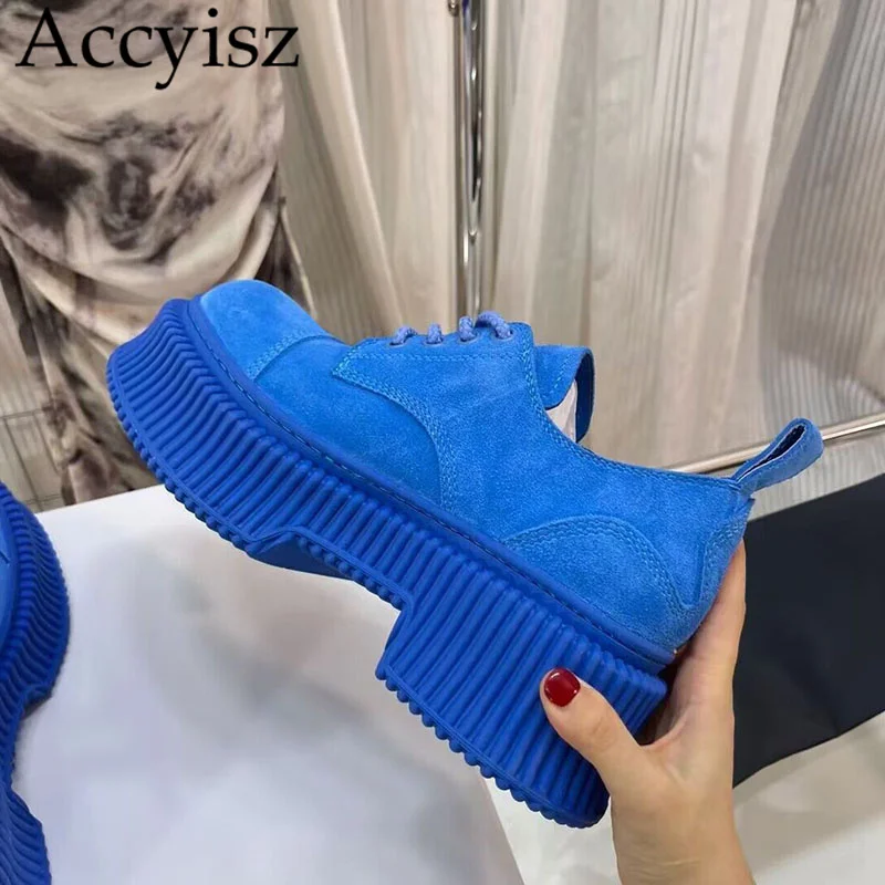 

Spring Flat Thick Bottom Loafers Women Faux Suede Lace Up Round Toe Platform Single Shoes Ladies British Style Oxfords Shoes