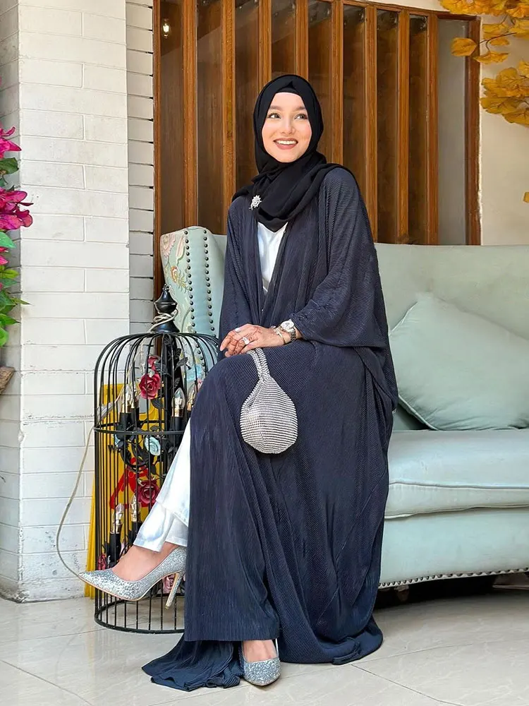 Pleated Abaya for Women Butterfly Sleeve Islamic Long Dress Kimono Dubai  Open Abayas Muslim Party Outfit Cardigan Kaftan 2023