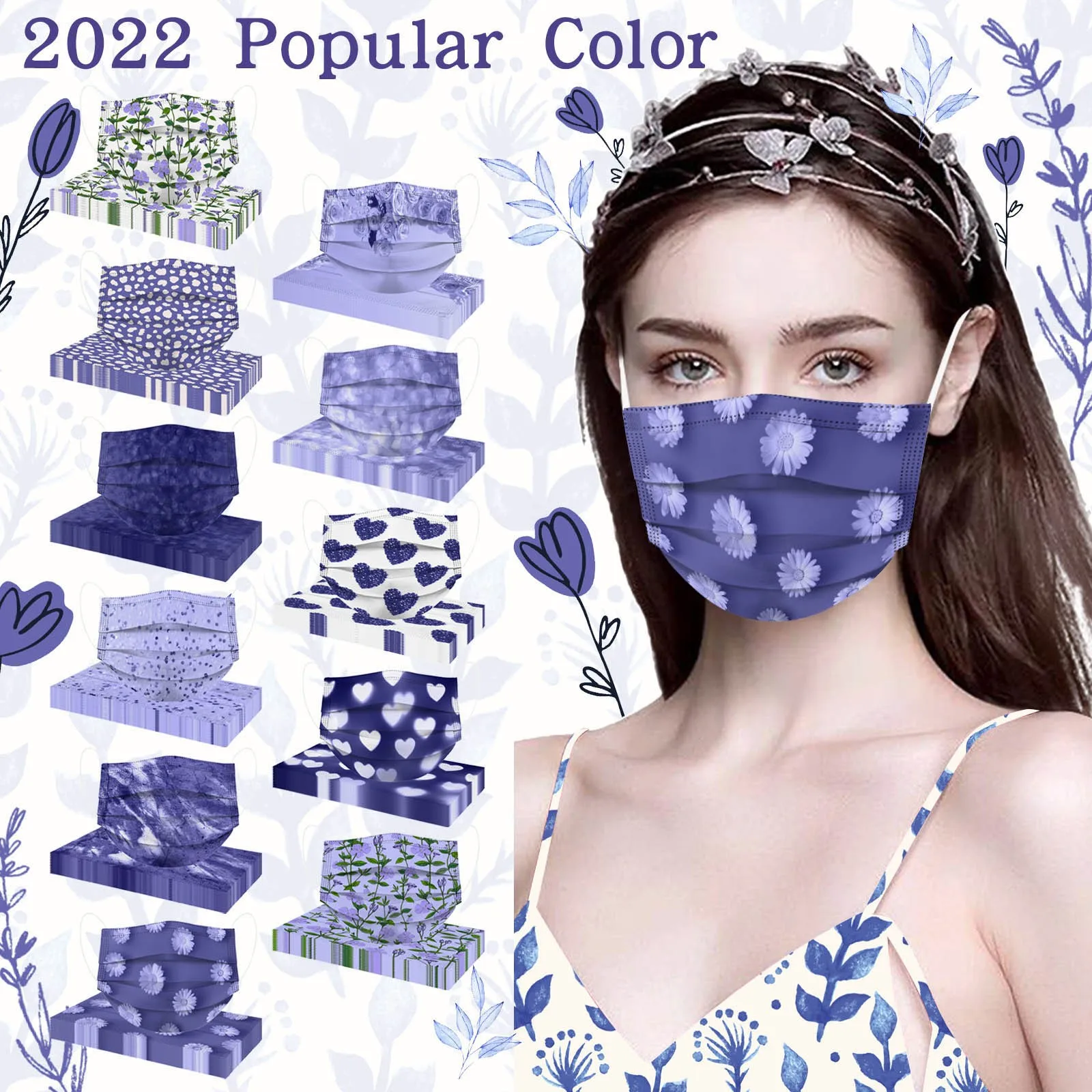 10pc Disposable Adults Mask Periwinkle Blue Mouth Cover Facemask Flowers Masks Mascarillas Halloween Cosplay masquerade mask,full face mask,game cosplay props