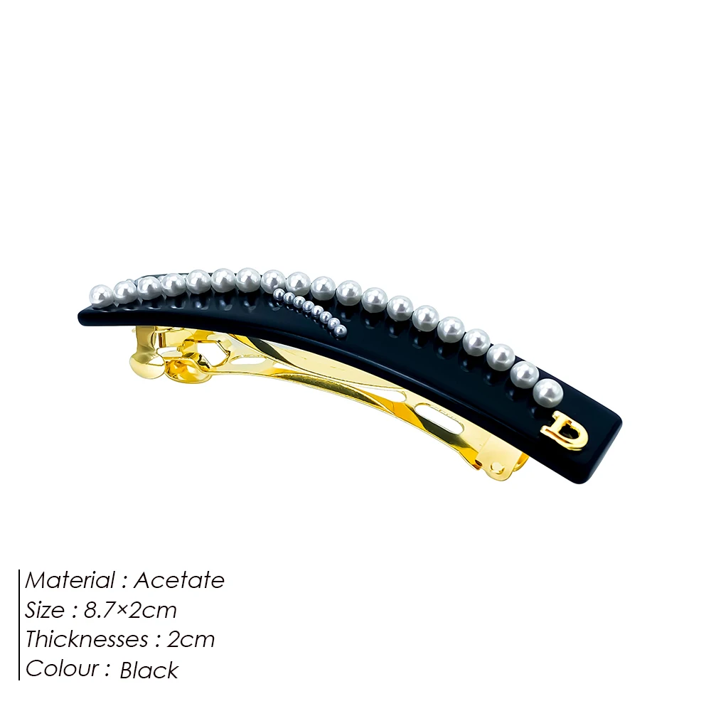 Round Pearls Black Acetate Hair Clips for Her Hair Accessories Side Clips Ladies Jewelry