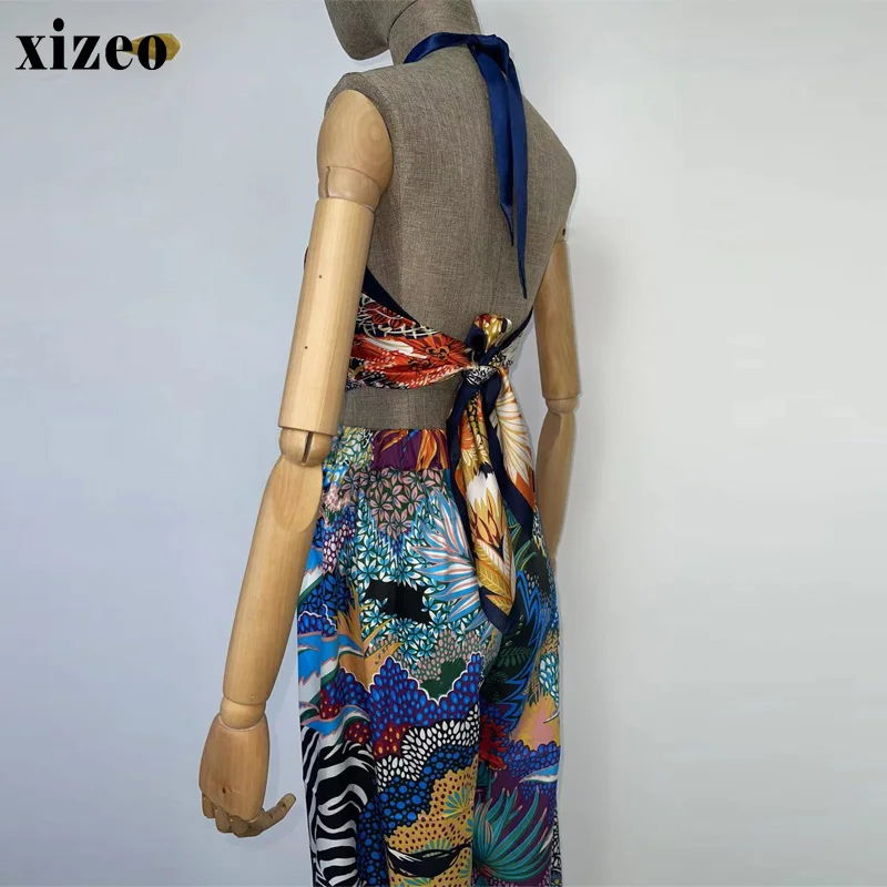 XIZEO Summer beach Women two-piece suit fashion sexy Boho African Holiday free size Silk feeling top and pants