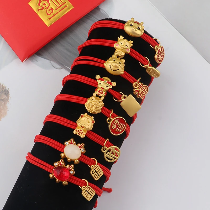 Braccialetto In Corda Per Capelli Con Drago Zodiacale In Stile Cinese 2024 Dragon Year Lucky Hair Bands Bracciale In Corda Rossa Natale Regalo Vicino 
