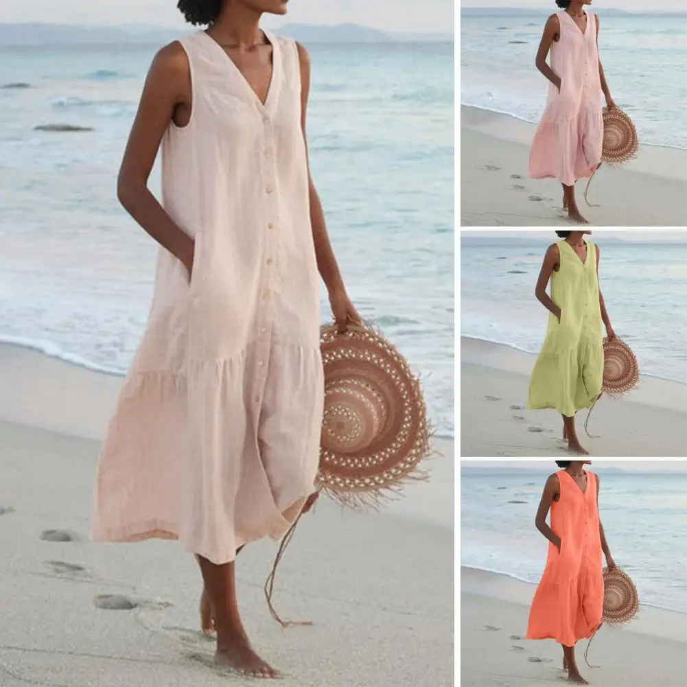 

Женское винтажное платье макси на пуговицах, повседневное однотонное платье на бретельках с V-образным вырезом и карманами, праздничное пляжное платье без рукавов на лето