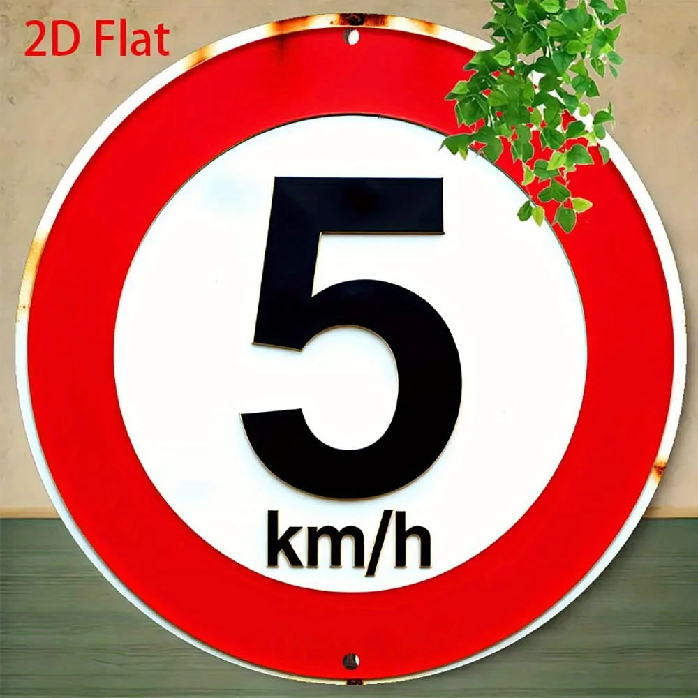2D 플랫 1개 레트로 원형 알루미늄 틴 사인 - 빈티지 속도 제한 5km/h 유머러스한 벽 장식, 20.32x20.32cm 소박한 금속 플라크
