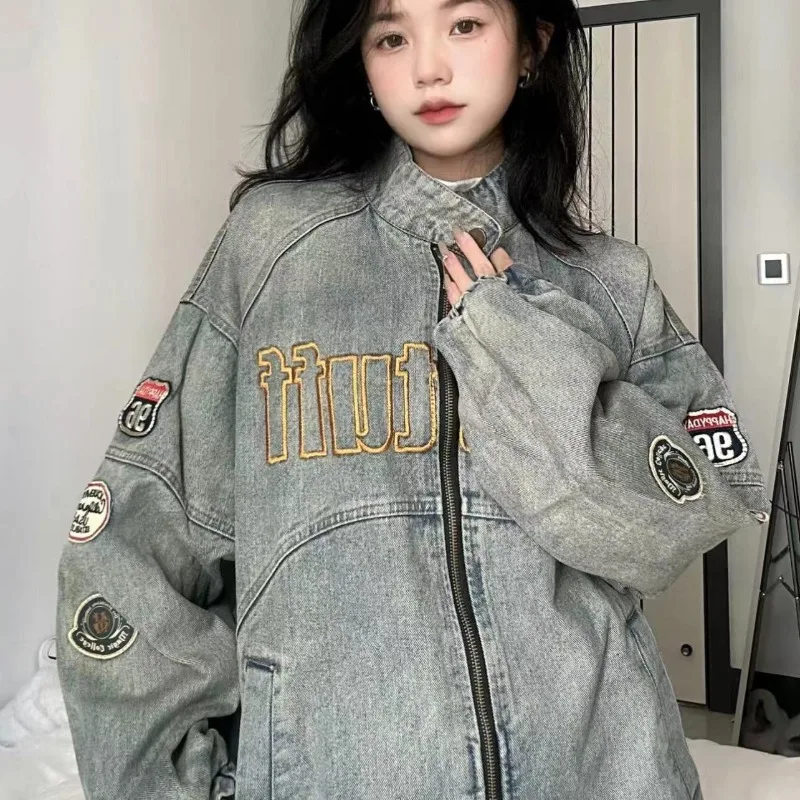 2024 New Spring American Retro Washed Old Embroidered Denim Coat Women's Stand Up Neck Loose Zipper Fashion Versatile Jacket Top