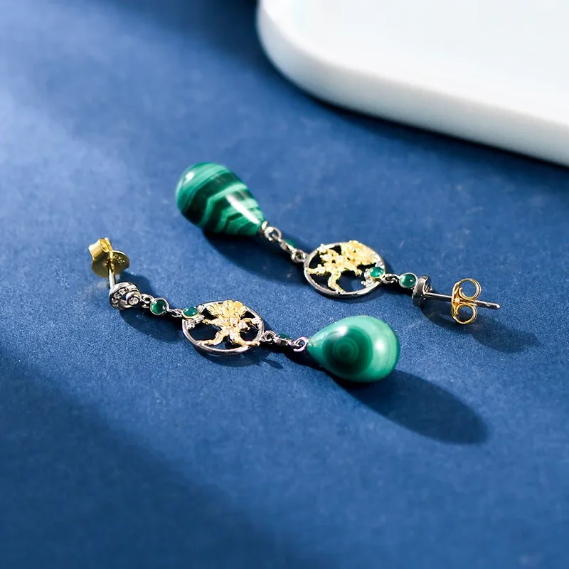 Chinese Style Vintage 925 Silver Hollow Flower Long Droplet Peacock Stone Earrings for Women Classic Quality Temperament Jewelry