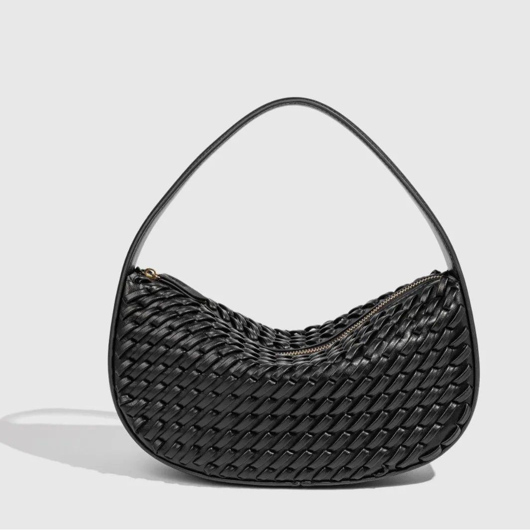 Fashionable Women's Tote Bag weave Moon Shape Underarm Casual Shoulder Crossbody Bag Soft Polyester Lining Vintage Style