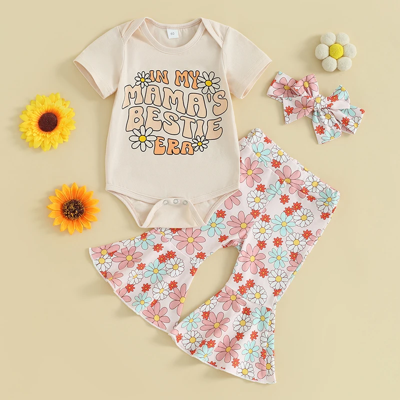 

Lioraitiin 0-18M Summer Newborn Baby Girls Clothes Sets Letter Flower Print Short Sleeve Bodysuits+Flare Pants+Headband Outfits
