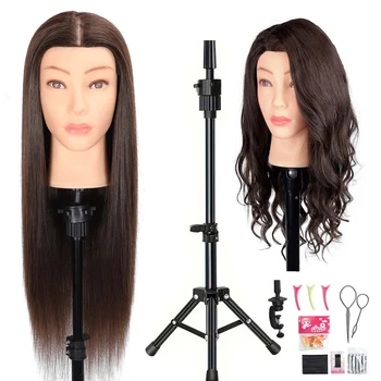 Mannequin Head Human Hair 80% Real Hair Cosmetology Manikin Practice Doll Head for Braiding Hairstyling Cutting Head Set