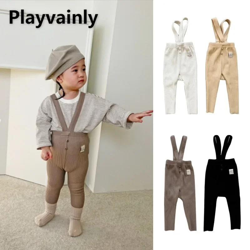 

Autumn Winter Baby Girl Boy Overalls Solid Color Pit Stripe Elastic Straps Pants Fashion Newborn High Waisted Trousers E23285