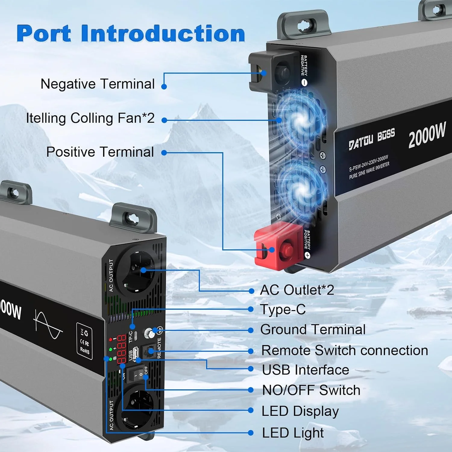 Inverter A Onda Sinusoidale Pura 2000W - 12V DC A 120V AC 60Hz Con Display LCD, 2 Prese USA, Per Camper E Casa