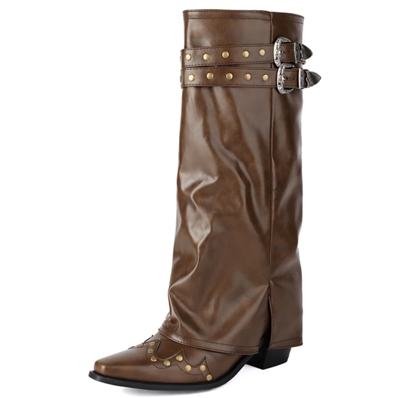 Knee High Boots for Women New Trends Turned-over Edge Winter Black Cowboys Riding Boot Rivets Footwear Shoes Lady Big Size