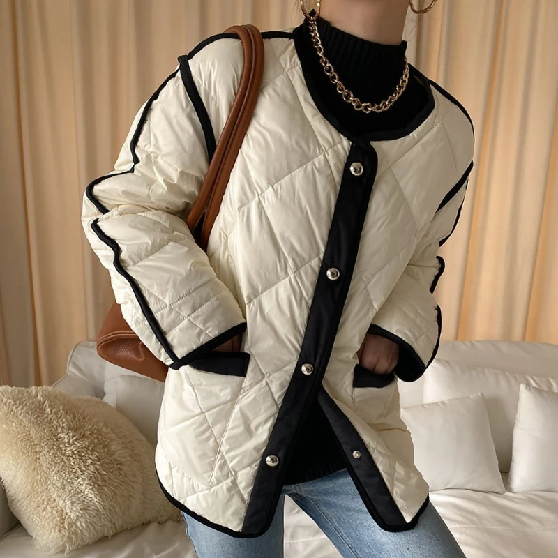 Winters Women Puffer Jacket Parkas Quilted Single-breasted Pockets Long Sleeve Jacket Coats White Outerwear Winter Clothes