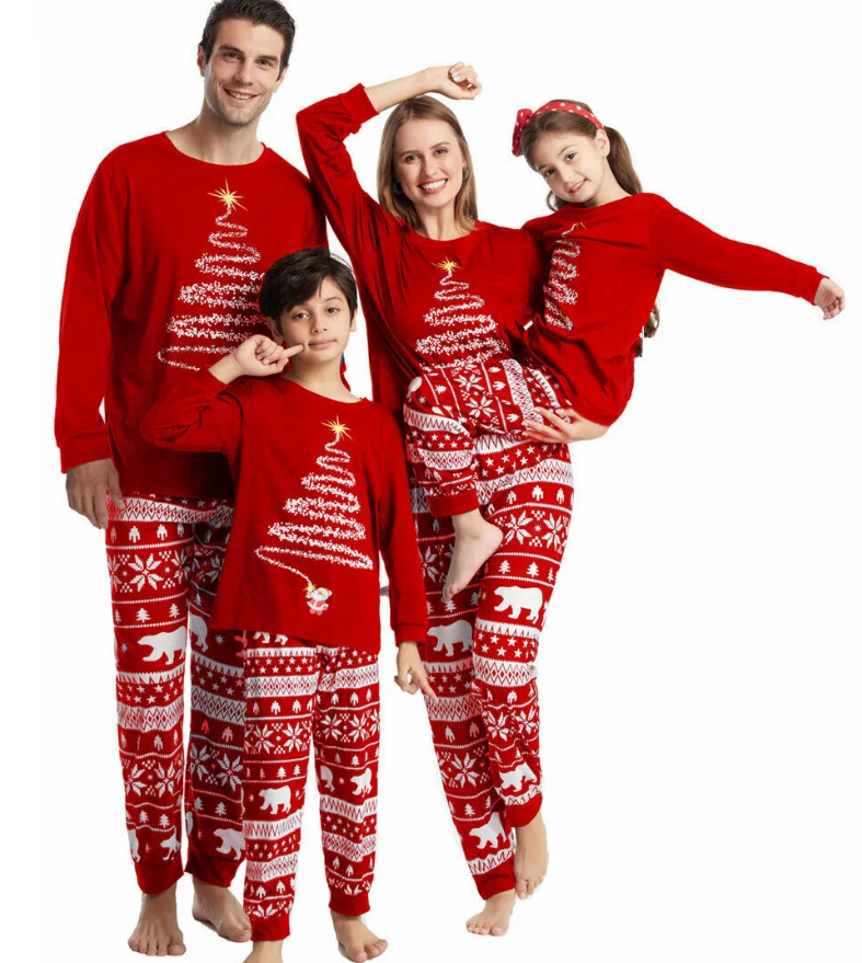 Pijamas navideños a juego para toda la familia Conjunto de pijamas de oso polar para padre, madre e hijos Ropa de pijama navideña para mamá y yo con perro Tops + Pantalones