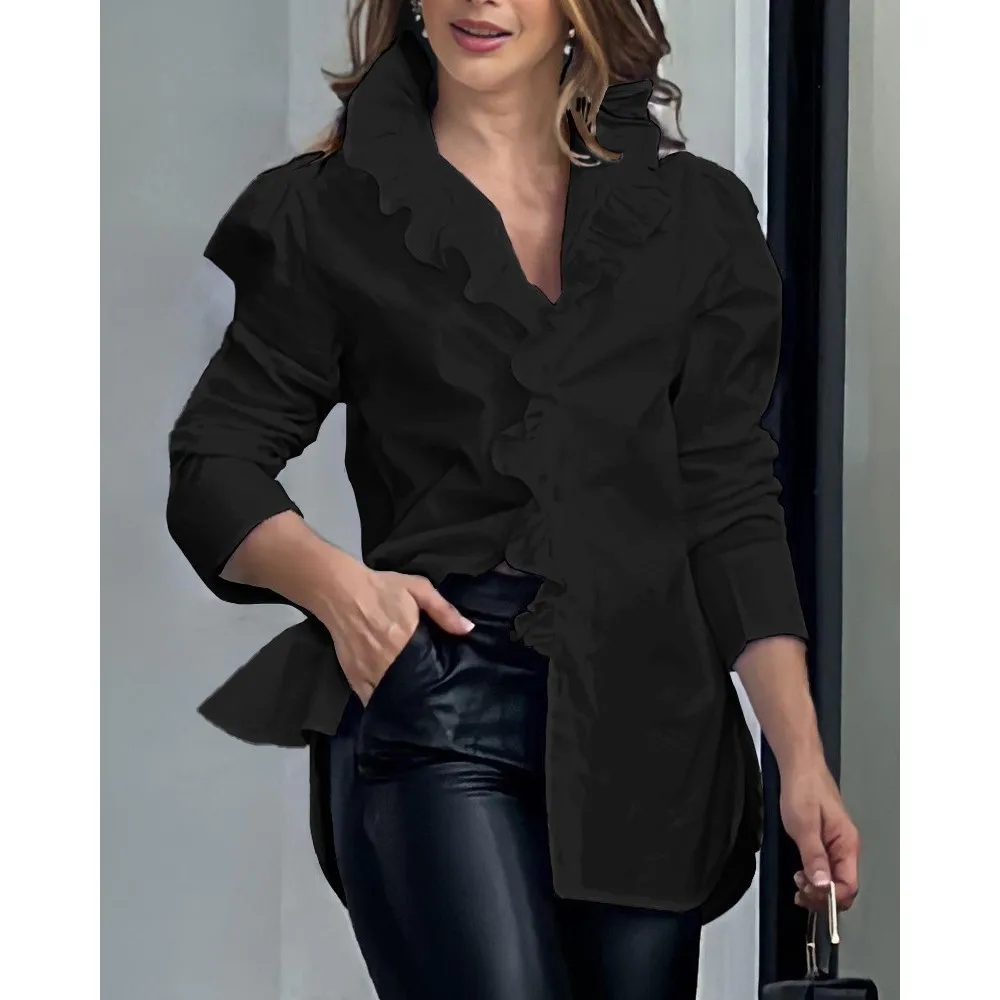Autumn Office Solid Color Women Shirt Sexy V Neck Puff Long Sleeves Ladies Elegant Shirt Fashion Ruffles Chic Female Blouses