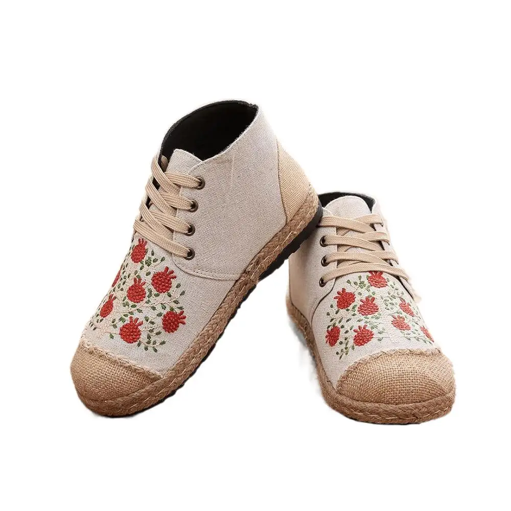 

YourSeason Ladies Handmade Linen Cotton High Top Lace Up Espadrilles Sneakers Autumn Women Comfortable Tree Embroidered Flats