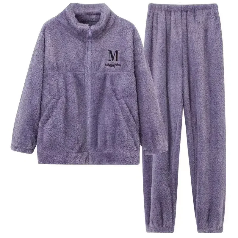 2024 Pajama Women's Autumn Winter Fleece Thickened Loungewear Plus-size Sweet Warm Sleepwear High-neck Loose Fleece Homewear