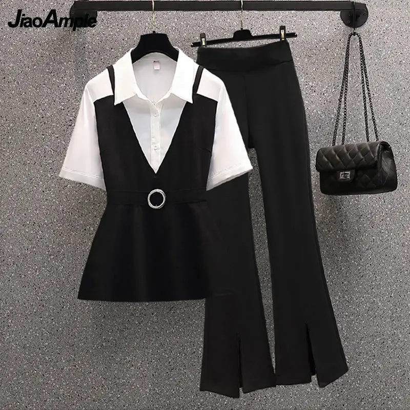 2022 Summer Women Fashion Slim Clothing Office Lady Work Patchwork Shirt+Black Flare Pant Suit Trendy Joker Tops Trousers Outfit