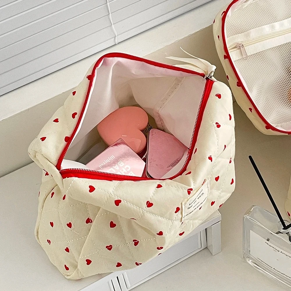 Fashion Ins Heart Women Quilting Makeup Bag Large Capacity Toiletry Cosmetic Storage Pouch Handbag Ladies Zipper Makeup Bag