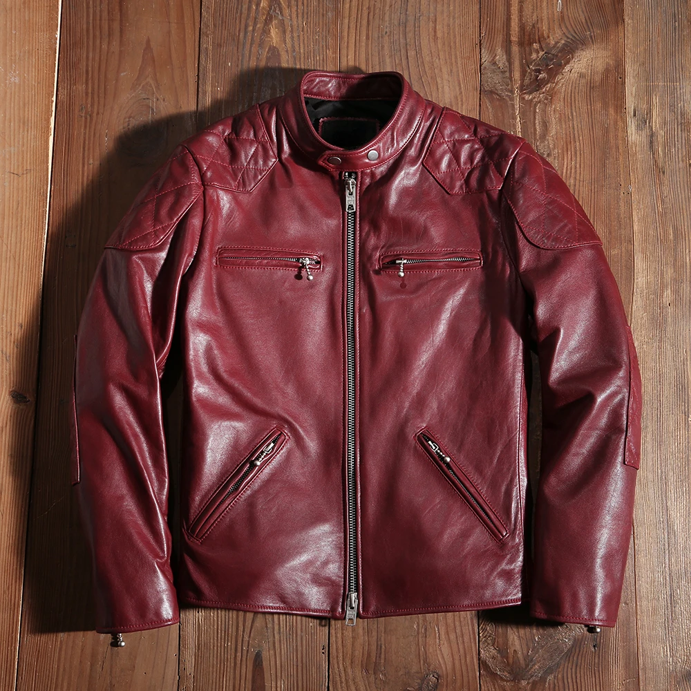 

Red New Motorcycle Biker Jacket Genuine Leather Spring and Autumn Coat Slim Quality Sheepskin Soft Clothes