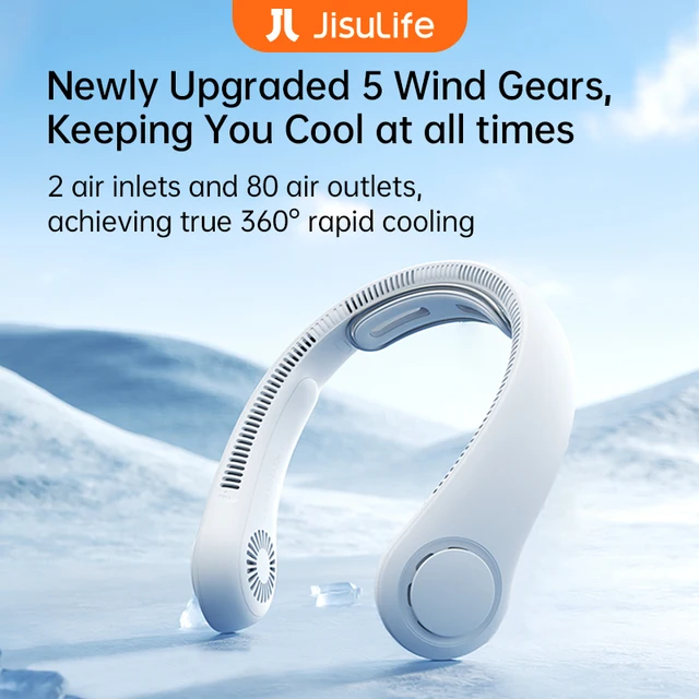 JISULIFE Ventilatore da collo portatile aggiornato, batteria da 5000 mAh, supporto da collo, regolazione delle ingranaggi a 5 velocità, ventilatore vivavoce indossabile per esterni 1