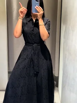 Lapel Lace Up Solid Color Dress Woman Short Sleeves Single Breasted Waist Cinched A-Line Dresses Casual Chic Women's New Dresses 1
