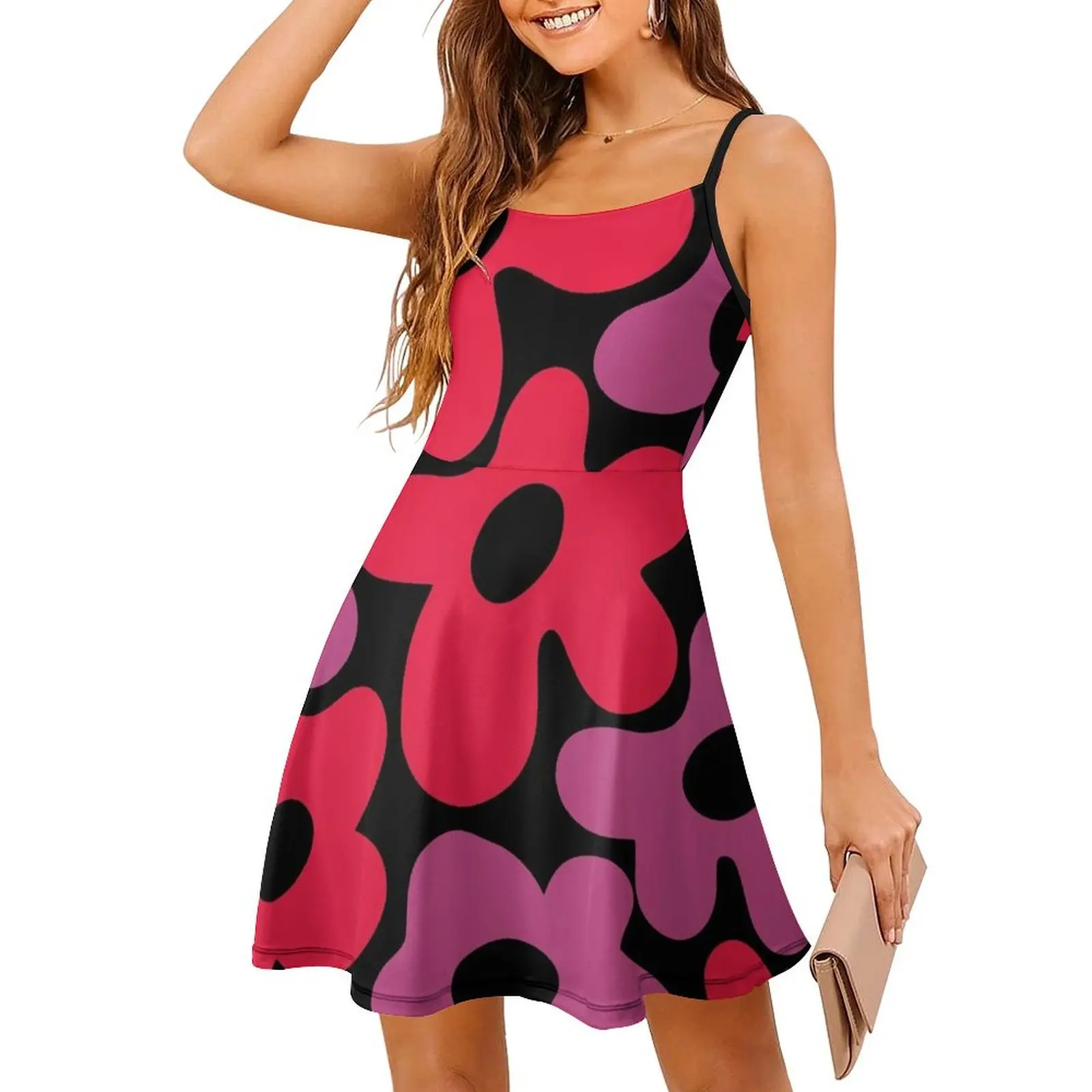 

Retro 1960's Red And Pink Flower Pattern On Black Sling Dress summer dress korean women Party dresses for women