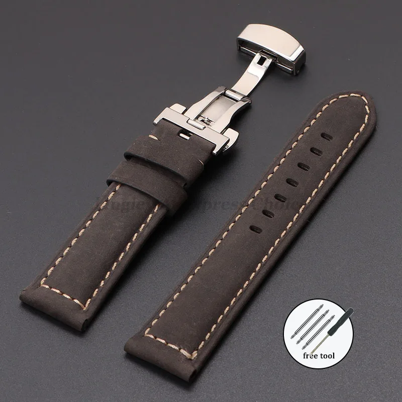 Vintage Crazy Horse Leather Watch Strap with Butterfly Buckle