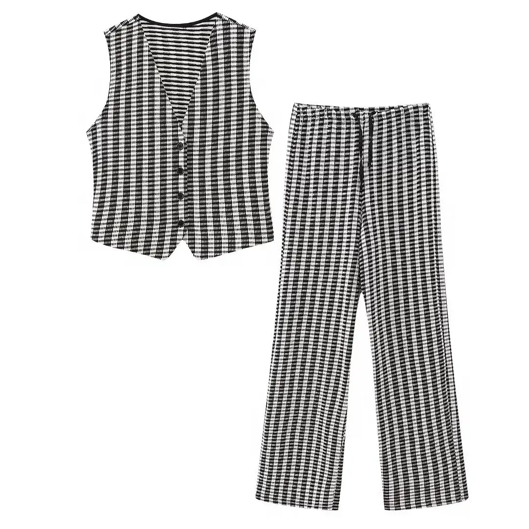 

set woman 2 pieces 2023 Fashion Textured jacquard Vintage Sleeveless Button-up Female Waistcoat Chic Tops + Pants Women's suit