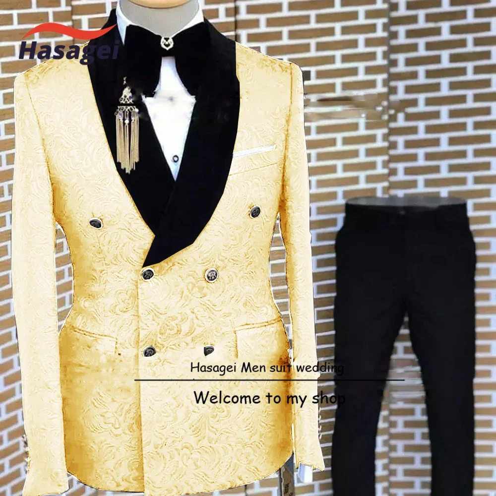 Men's Suits Wedding Tuxedo Groom Floral Jacket Pants 2-Pack Double Breasted Blazer Formal Party Outfit