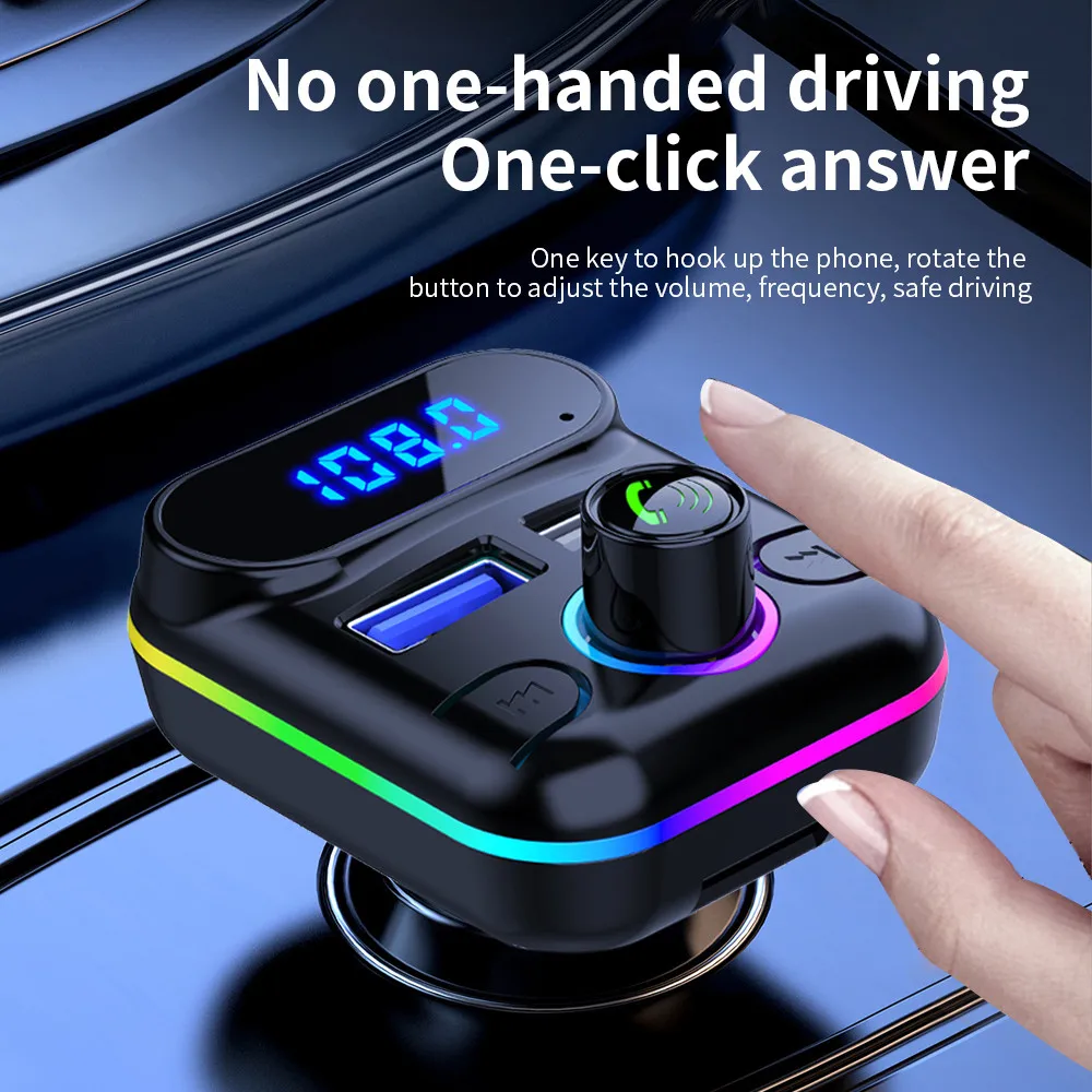 

Автомобильное зарядное устройство, Bluetooth 5,0, 2 USB А, mp3-плеер, громкая связь, FM, TF карта, U-диск, воспроизведение с окружающим светом для iPhone, Xiaomi