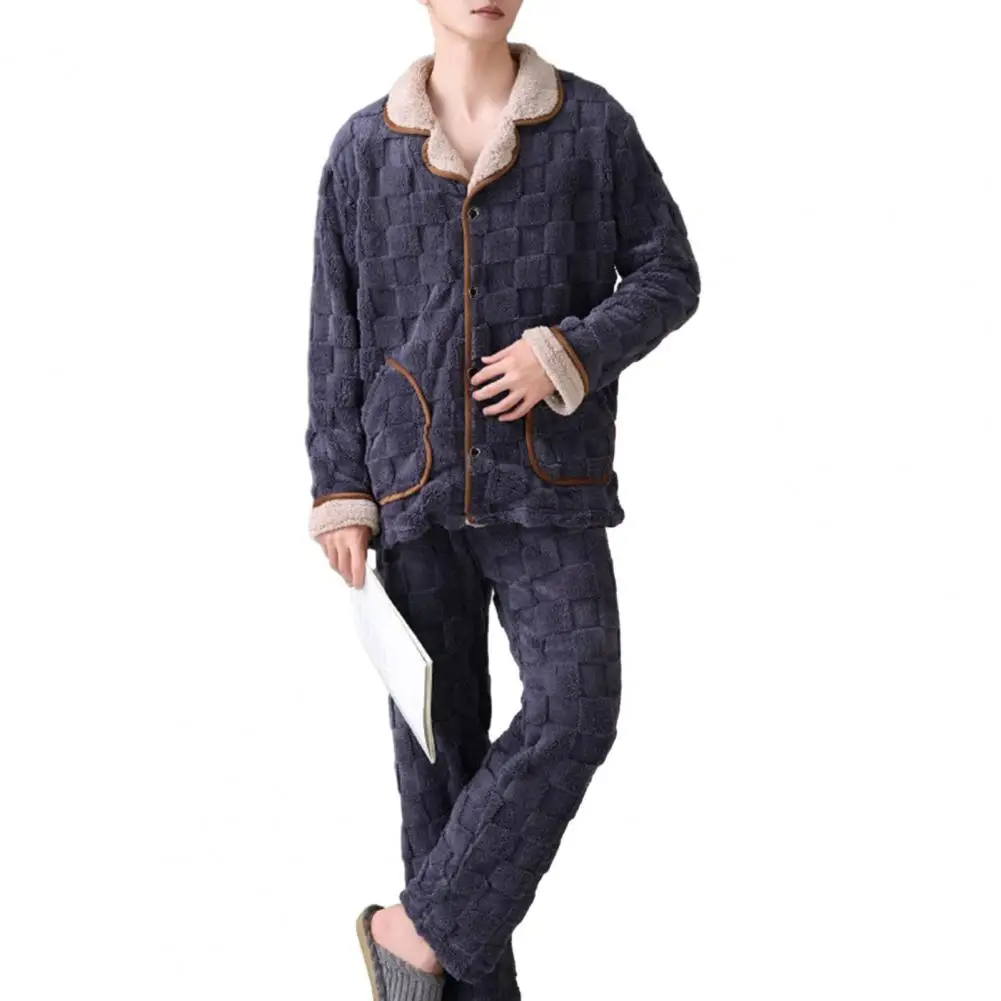 Men Plush Pajamas Set 2 Pcs/Set Winter Loungewear Thick Elastic Waist Pockets Coral Fleece Pants