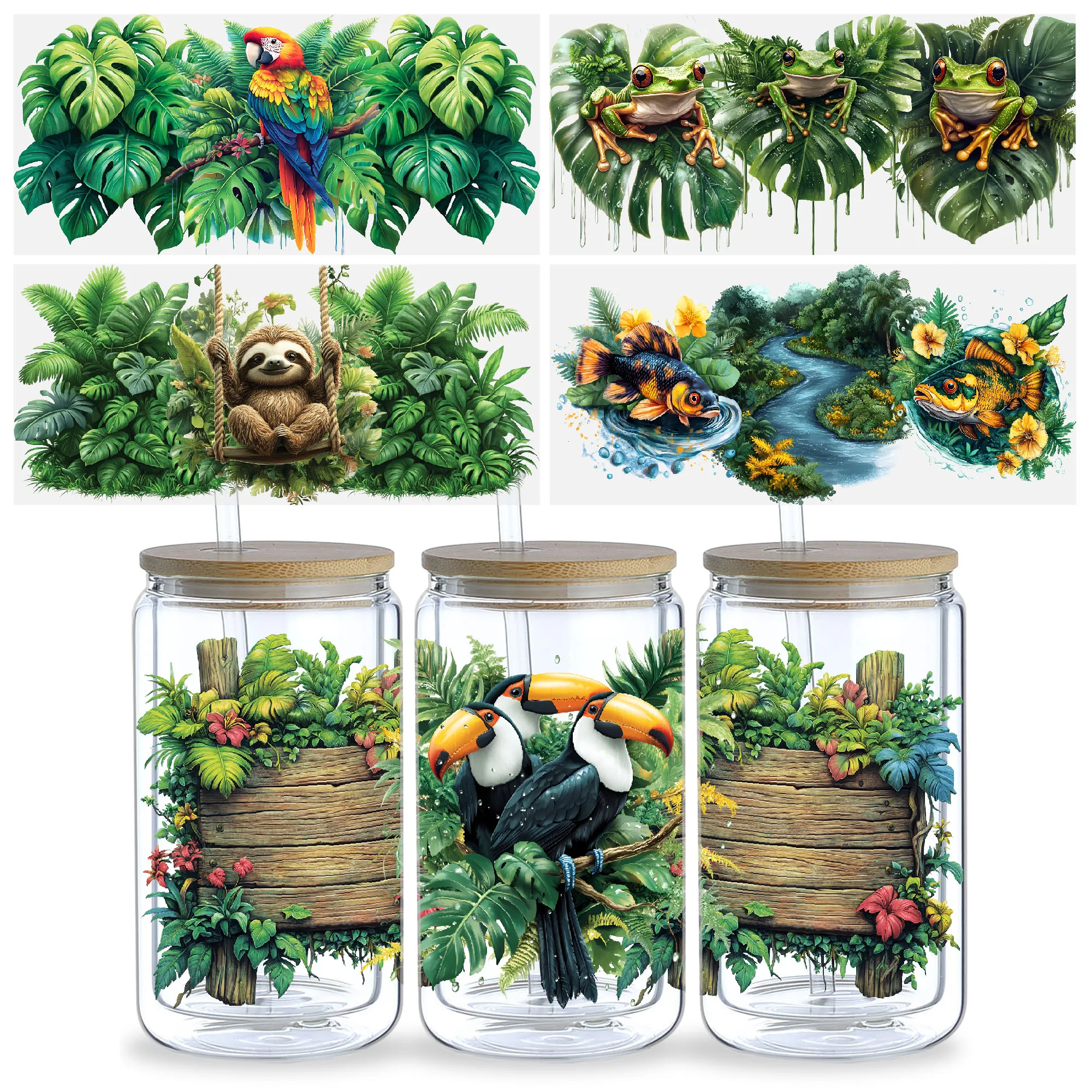 5 Sheets Forest UV DTF Cup Stickers, Glass Cup DTF Transfer Stickers, Waterproof Funny Forest Wipeable Transfer Paper for