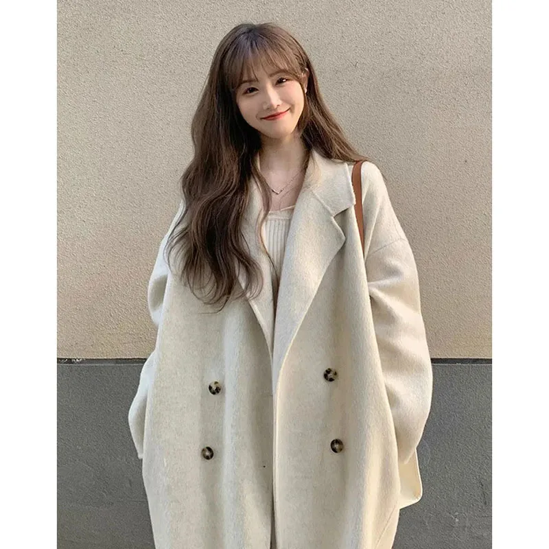 

GIDYQ Warm Mid Length Woolen Coat Women Korean Elegant Solid Double Breasted Thicken Wool Blend Overcoat Fall Winter New 4colors