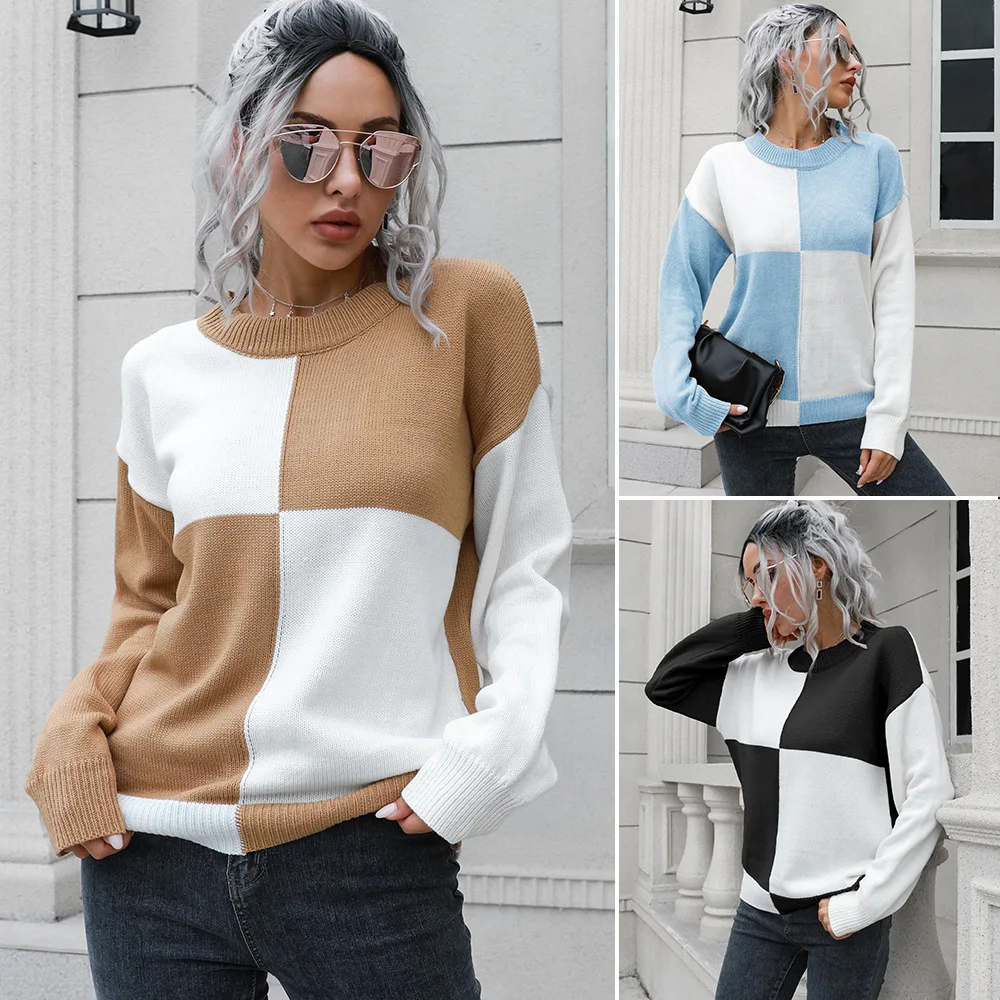 2022 Korean Style Black White Plaid Knitted Sweater For Women Vintage