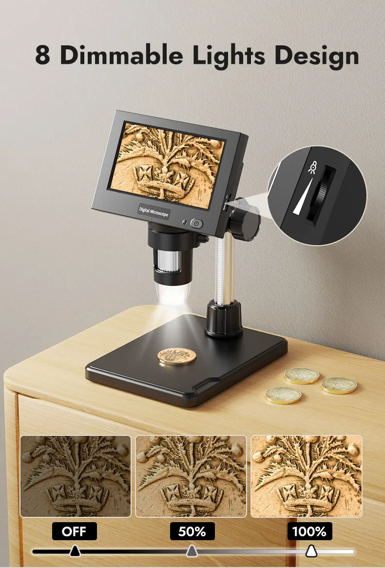 4.3"IPS Digital Microscope with 8 LEDs1000X Magnification Coin Microscope USB El