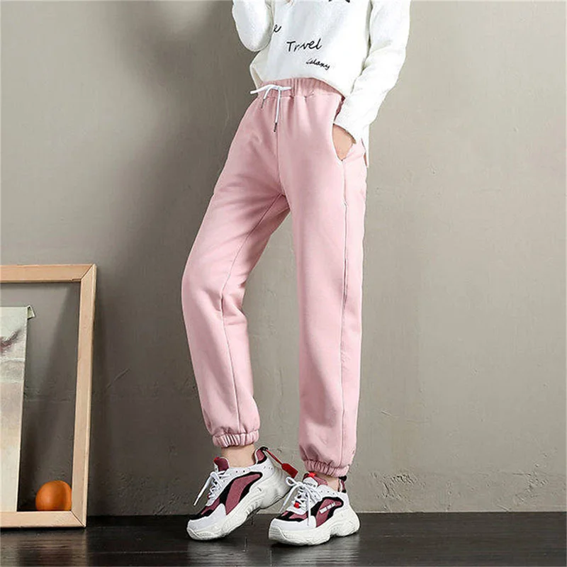 

2022 Winter Women Fleece Pants Casual Keep Warm Thick Trousers Fashion Solid Color Loose Drawstring Sweatpants Plush Leggings
