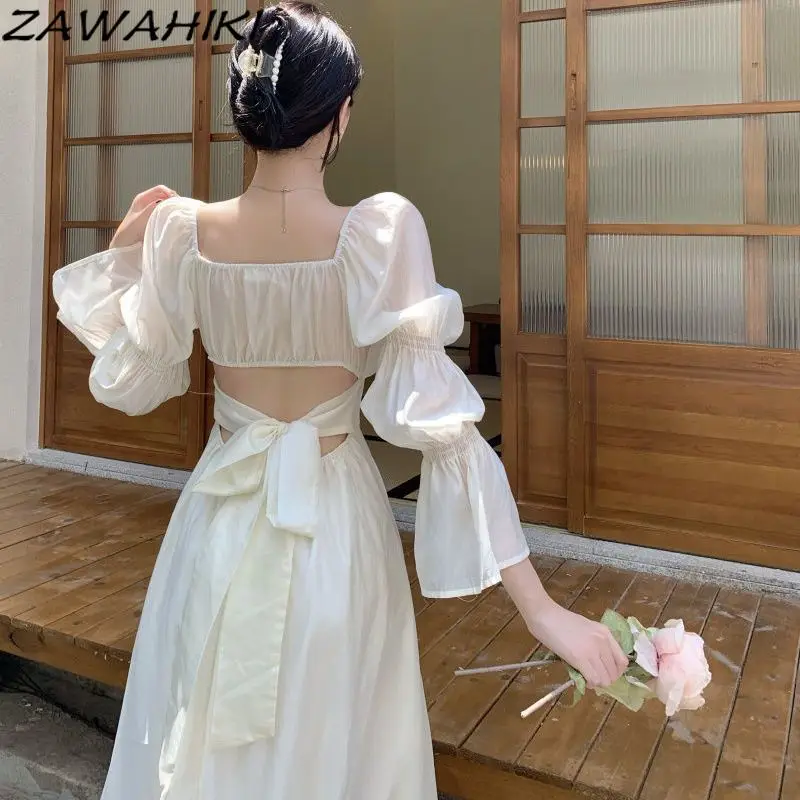 

Sweet Solid Color Square Collar Long Puff Sleeve Women Dress Spring Autumn French Bandage A-line Slim Waist Hollow Out Vestidos