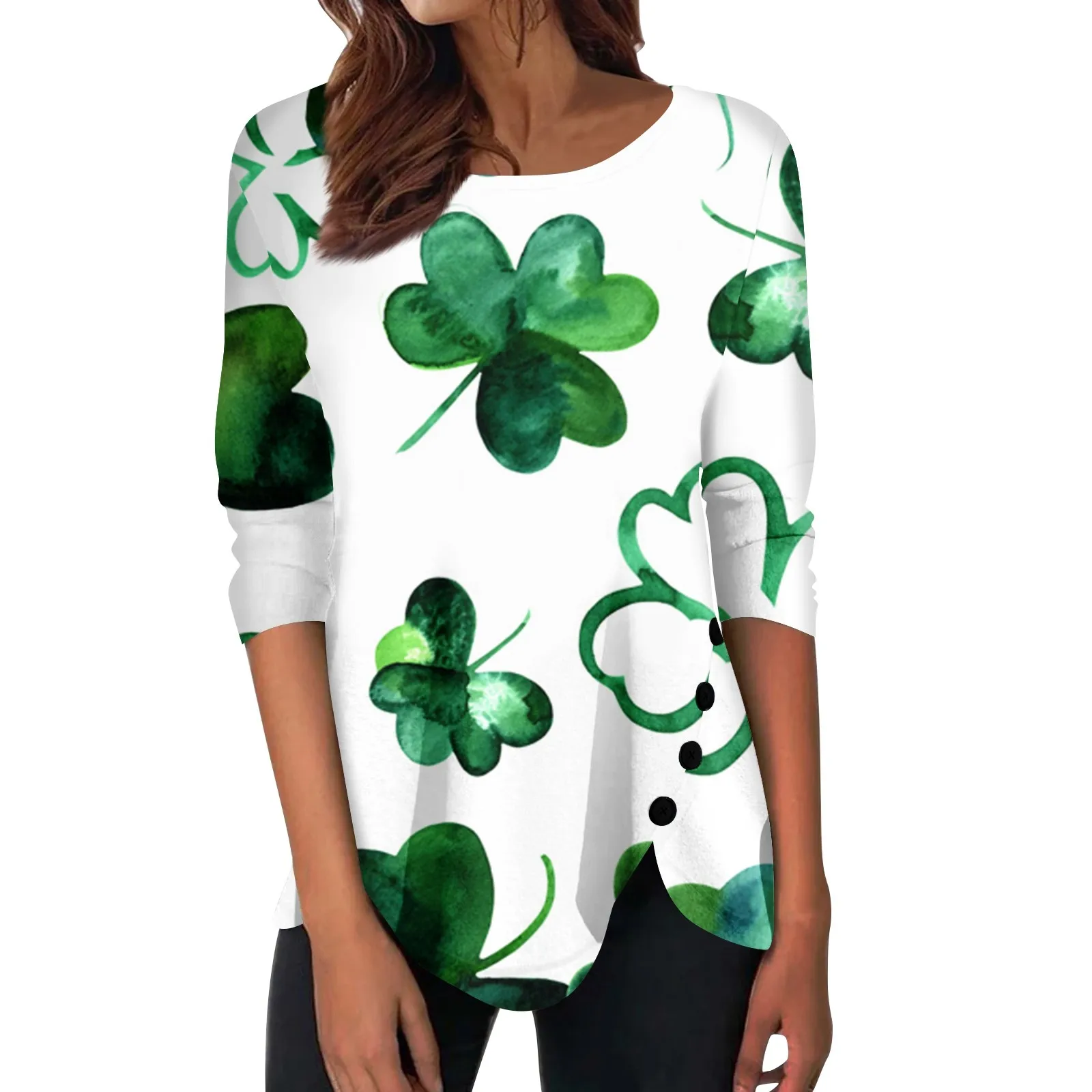 

Women's Long Sleeve St. Patrick's Day Printed Irregular Hem Button Up Round Neck T-shirt Top ropa de mujer футболка лонгслив